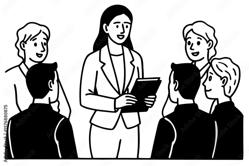 Cartoon Illustration of Businessperson Presenting to Team with Open Folder in Office Setting – Leadership, Communication, and Workplace Collaboration Concept Cartoon Illustration of Businessperson Presenting to Team with Open Folder in Office Setting – Leadership, Communication, and Workplace Collaboration Concept