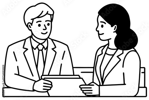 Cartoon Illustration of Businessperson Handing Document Across Table in Formal Office Setting – Interview, Agreement, and Professional Communication Concept
