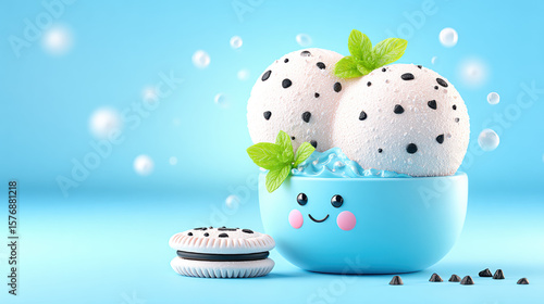 Delicious 3D ice cream illustration featuring cartoon cookies and cream flavor.