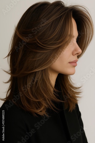 Side view of woman flaunting elegant layered feather haircut style