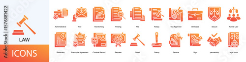 Law icon collection set. Containing Administrative, Fee, Handwriting, Parsing, File, Notary icon