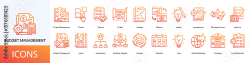 budget management icon collection set. Containing Project Management, Puzzle, Closure, Project, strategy, Sharing, design, management icon