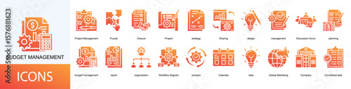 budget management icon collection set. Containing Project Management, Puzzle, Closure, Project, strategy, Sharing, design, management icon