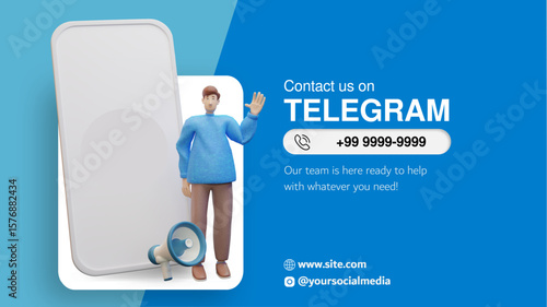 Telegram Contact Banner with 3D Character and Smartphone