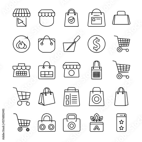 Collection of shopping and e-commerce outline icons. Various retail, marketplace, and online store symbols.
