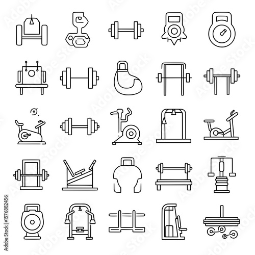 Set of gym and fitness equipment outline icons. Various exercise machines, weights, and workout tools. Health and sports.