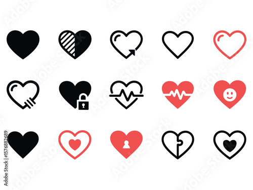 Valentine's Day heart shapes collection offers diverse vector icons for graphic design elements and creative artwork