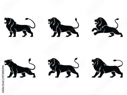 Collection of black lion silhouettes presenting various poses against a white background, demonstrating fierce and regal animal icons.