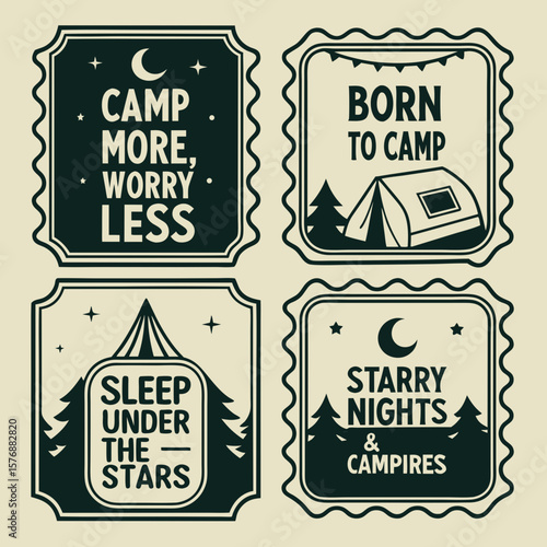 Four vintage style camping badges with inspiring outdoor slogans