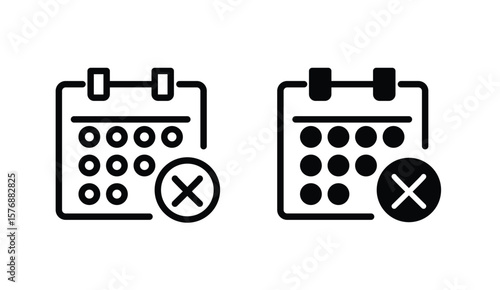 Modern Calendar Cross Mark Icon featuring a clean date calendar with an X symbol, perfect for appointment cancellation, deadline missed, unavailable date, event removal, and schedule management design