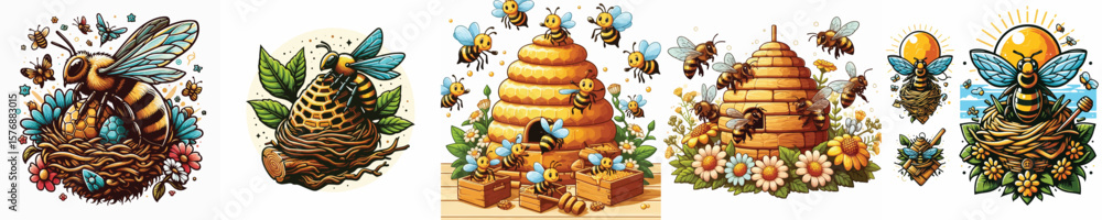 Fototapeta premium vector image of bees in a beehive on a white background