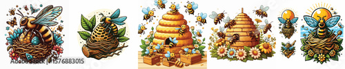 vector image of bees in a beehive on a white background