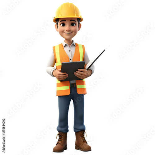 3D Character of a Construction Inspector with a Clipboard and Yellow Hard Hat, AI Generated