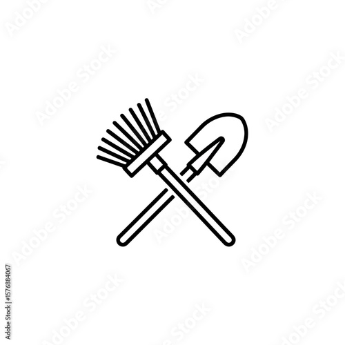 Simple black line art drawing showing a crossed domestic broom and garden shovel on white background, concept for cleaning services, concept for gardening and landscaping businesses
