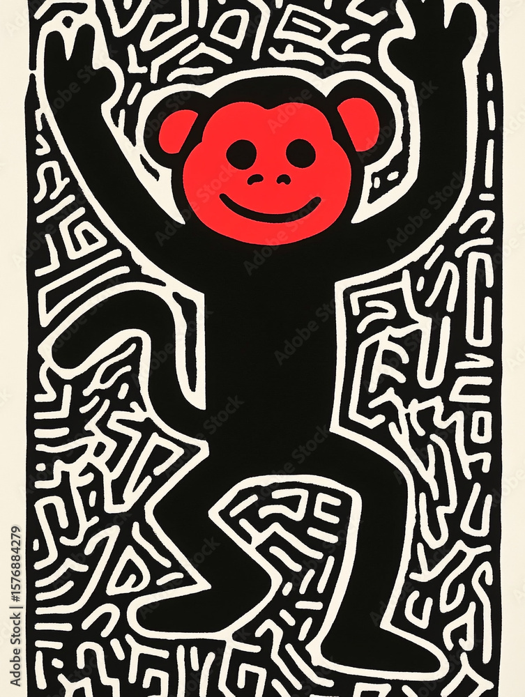 Fototapeta premium A vibrant pop art illustration featuring a smiling monkey, set against a dynamic abstract pattern.