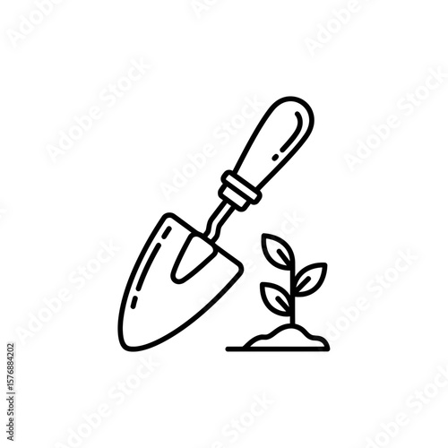 Detailed line illustration of a small garden trowel beside a tiny plant emerging from fertile soil, concept for home gardening projects, organic farming guides, and environmental sustainability