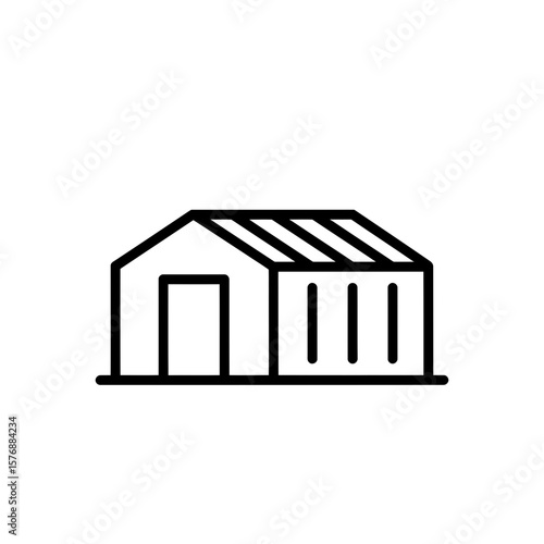 A clean black outline icon depicting a simple building, perhaps a warehouse or factory, with a distinct door and vertical siding detail, Concept for use in logistics, manufacturing, and distribution