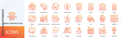 green construction icon collection set. Containing Green Building, Energy Efficiency, Recycling, energy innovation, Waste, Carbon icon