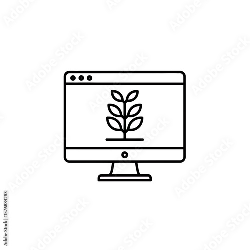 Minimalist line icon of a computer screen showing a growing seedling or plant on a clean white background, concept for sustainable technology, environmental monitoring, digital agriculture