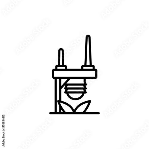 Simple line icon depicts growth lamp over plants, symbolizing horticultural methods, concept for smart farming systems, botanical research illustrations, and controlled environment agriculture design