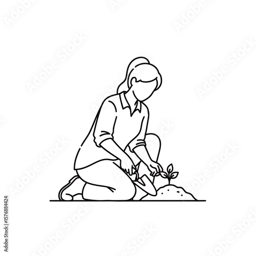 Detailed minimalist black and white line illustration depicting a person kneeling and gently planting a small seedling in the earth, concept for environmental care initiatives, organic gardening