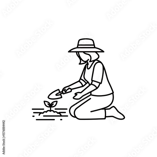 Simple black line illustration depicting a figure in a hat kneeling, planting a seedling with a trowel into the ground, concept for earth day events, sustainable agriculture programs, eco friendly