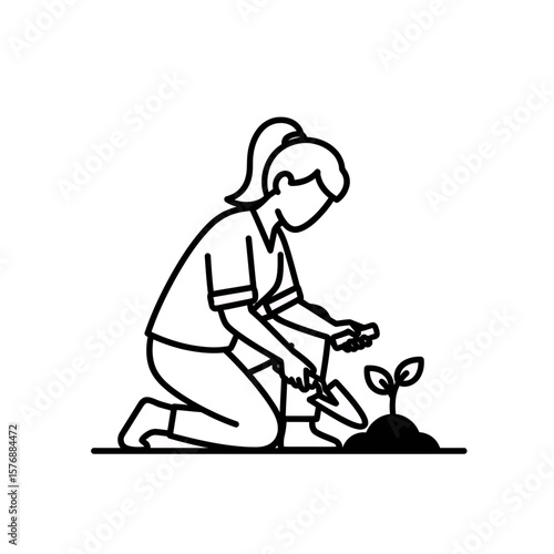 Simple black and white line art of a figure kneeling and planting a young seedling using a garden trowel, concept for nature conservation designs, eco-friendly initiatives and agriculture related