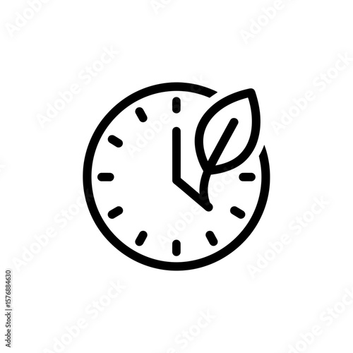 Minimalist line drawing icon of simple clock with leaf, symbolizing natural time and eco-friendly duration, concept for natural product branding, sustainable technology application, and healthy
