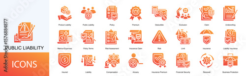 public liability icon collection set. Containing Product Liability, Policy, Premium, Deductible, Exclusion, Claim, Underwriting icon