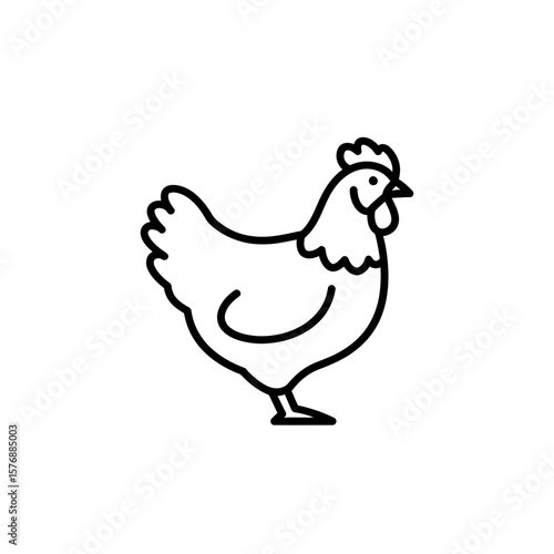 Simple stylized black outline vector illustration portraying a standing chicken profile view, concept for farm and agriculture branding, organic food packaging, and poultry product labels and designs