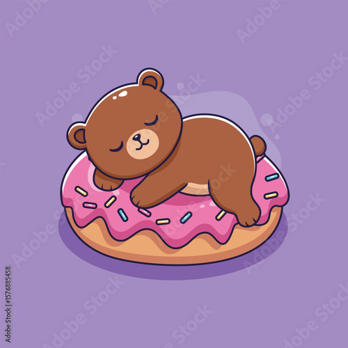 cute bear sleeping on a donut. vector illustration