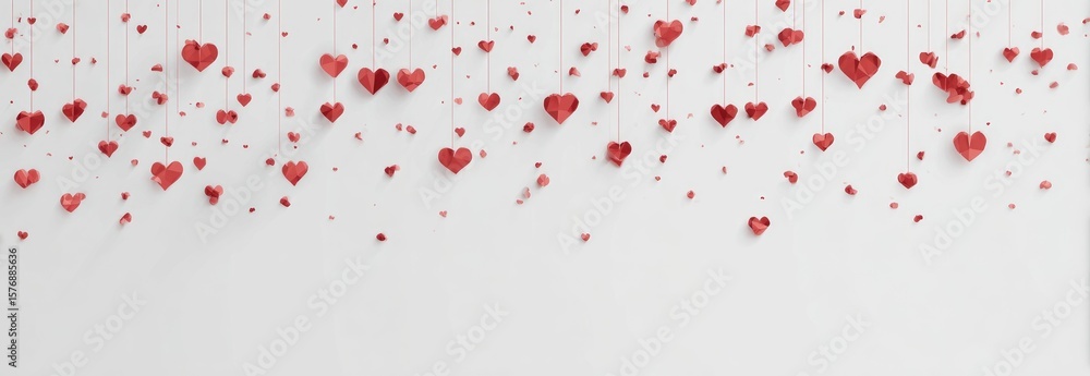 Fototapeta premium Red paper hearts dangle from strings against a white backdrop; some hearts are falling