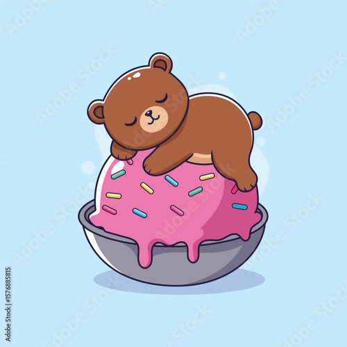 Cute  Bear Sleeping on Pink Donut Ice Cream. vector illustration