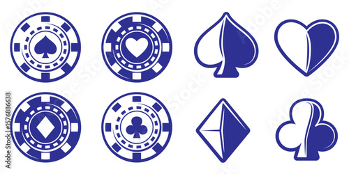 The blue-and-white style poker chips and their varieties feature the classic symbols of hearts, spades, diamonds, and clubs on a clean white background.