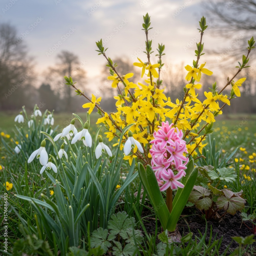 Fototapeta premium Pink Hyacinth and Yellow Forsythia Blooms in Spring Garden