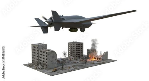 3D Illustration of Drone Strikes in City with Fire and Destruction