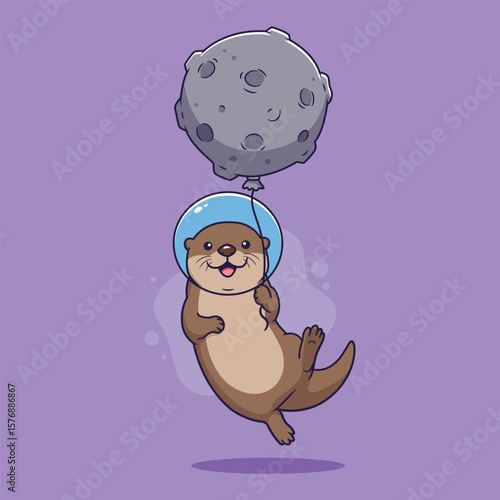 cute Otter Astronaut with Moon Balloon Space Exploration Fun. vector illustration