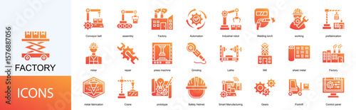 factory icon collection set. Containing assembly, Automation, Industrial robot, Welding torch, working, prefabrication, miner, repair icon