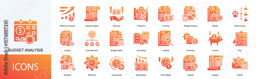 budget analysis icon collection set. Containing Margin, Restructuring, Liquidity, Cost Allocation, Budget Deficit, Accounting, analysis, Financing, Income icon