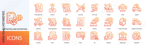 importing and exporting icon collection set. Containing Trade Agreement, Customs, Tariff, Importing, Free Trade, Freight, Quota, Logistics, Shipment icon