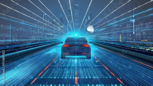 Autonomous vehicle speeding on futuristic highway