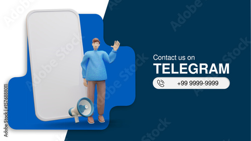 Telegram Contact Banner with 3D Character and Smartphone