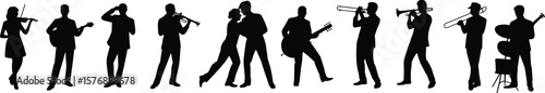 silhouettes of musicians playing instruments, dancing couples, jazz performance, artistic concept, black and white design, creative entertainment scene