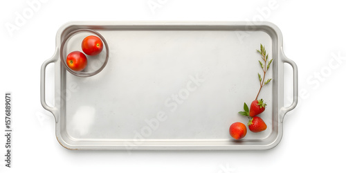 Empty serving tray mockup, overhead view on white. No food or accessories.