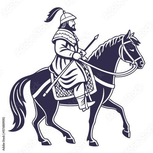 Mongolian Man in Traditional Deel Riding Horse Vector Illustration. Perfect for: Naadam Festival, Mongolian National Pride Day, Nomadic Culture Events