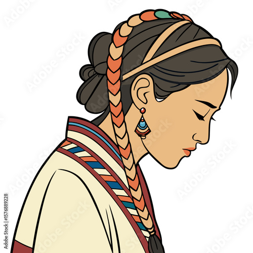 Tibetan Woman in Traditional Costume with Braided Hair Ornaments Vector. Perfect for: Tibetan New Year (Losar), Himalayan Cultural Festivals
