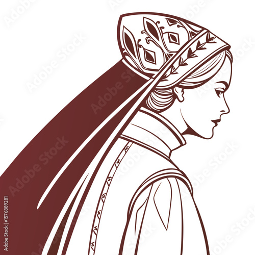 Russian Woman in Traditional Dress with Kokoshnik Headpiece Vector Illustration. Perfect for: Maslenitsa Festival, Russian New Year, Cultural Heritage Exhibits
