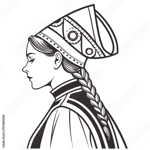 Russian Woman in Traditional Dress with Kokoshnik Headpiece Vector Illustration. Perfect for: Maslenitsa Festival, Russian New Year, Cultural Heritage Exhibits