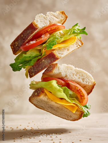 Deliciously crafted sandwiches suspended in mid-air, showcasing fresh ingredients and a delightful culinary presentation