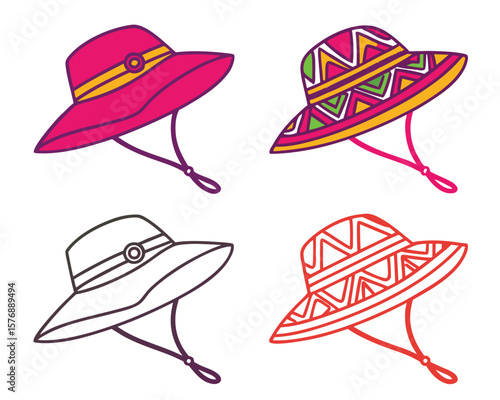 Collection of four stylish sun hats with different designs and color variations on white background.